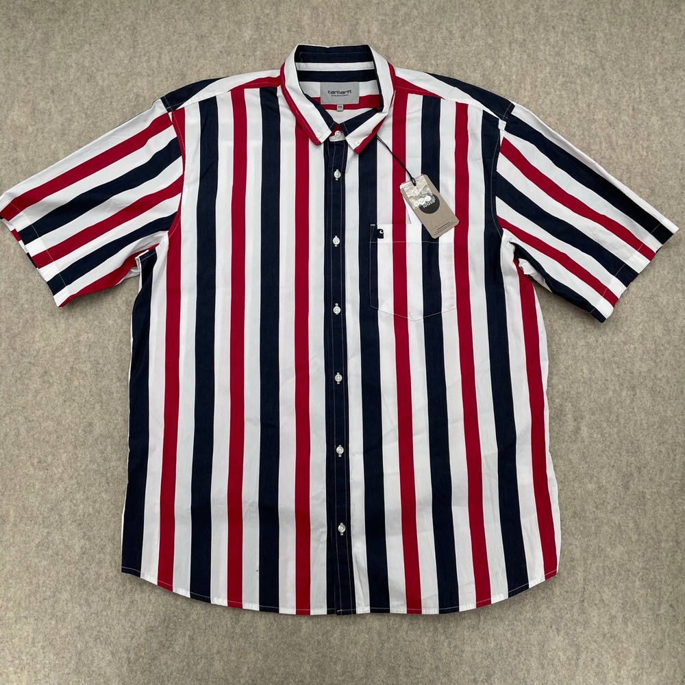 NWT Carhartt WIP Elcano Shirt Red White Navy Striped Short Sleeve XXL